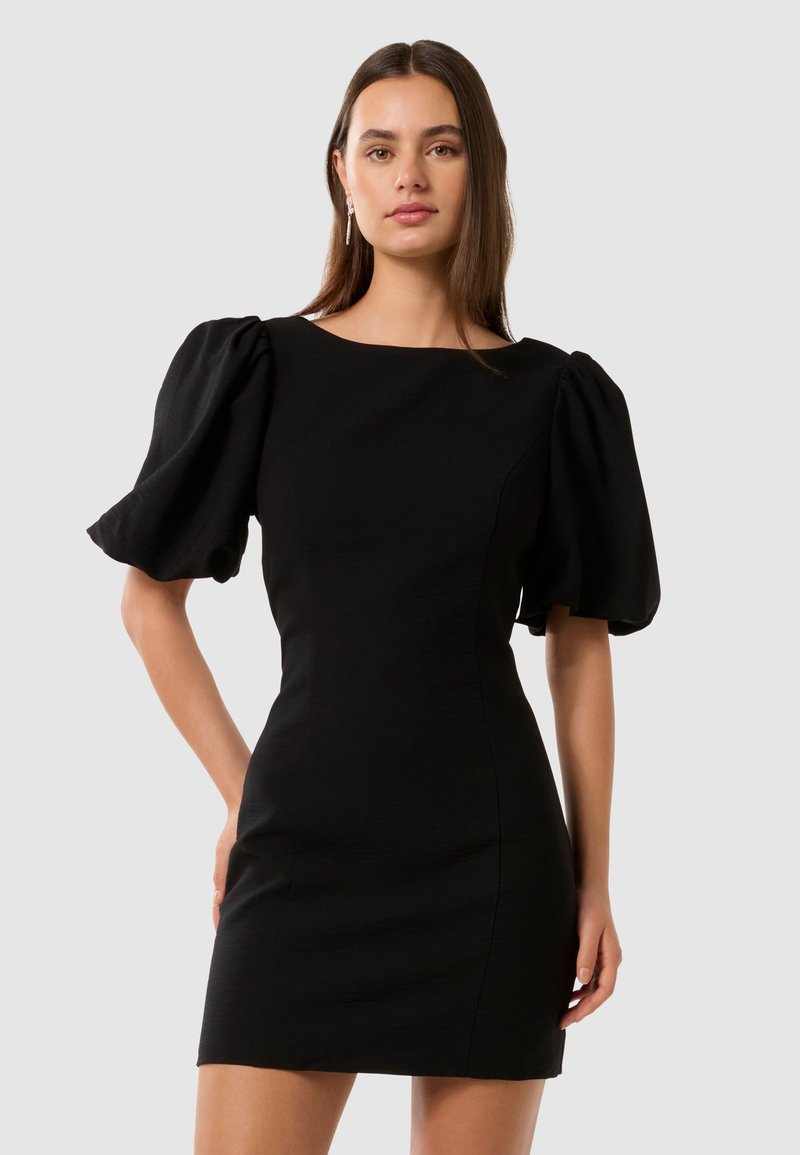 Abito aderente nero con maniche a palloncino, scollatura rotonda e tessuto strutturato. Presenta un design senza cuciture che esalta la silhouette.