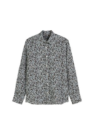 Long-sleeved shirt with a dark floral pattern in blue, white, and brown hues; cotton fabric; button-up design with collar.