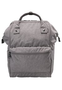 Sac à dos Anello gris avec poignées supérieures, poche avant zippée et étiquette en tissu sur le côté droit, fabriqué en matériau texturé.