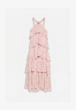 Robe maxi à volants pastel à fleurs, à volants, avec fines bretelles croisées et un détail de rose en tissu au niveau de l'encolure.
