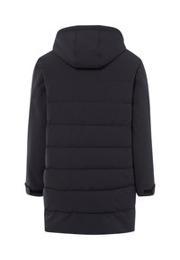 Cappotto trapuntato nero con cappuccio attaccato, maniche lunghe e cinturini regolabili ai polsi, mostrato da dietro su uno sfondo bianco.
