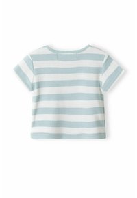 Majica s kratkimi rokavi in okroglim izrezom, narejena iz mehkega bombaža, s svetlo modrimi in belimi vodoravnimi črtami ter ravnim robom.