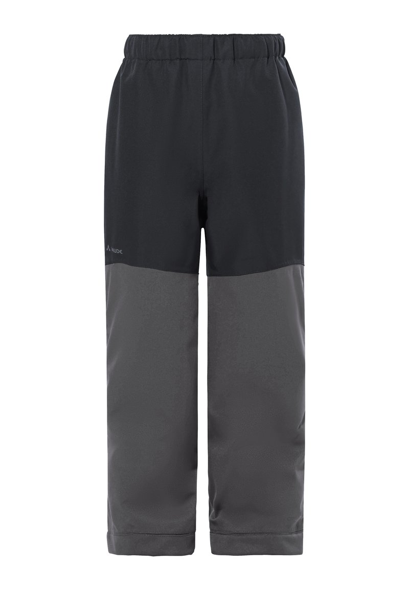 Bērnu divkrāsu melnas un tumši pelēkas ūdensnecaurlaidīgas bikses ar elastīgu jostasviedri, taisnām kājām un smalku zīmola logotipu augšējā kājā.