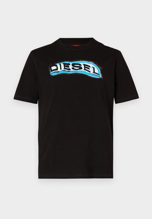Black cotton t-shirt featuring a large, curved, blue and white "DIESEL" logo across the chest. Short sleeves and crew neckline.
