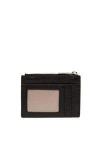 Portafoglio in pelle nera con chiusura a zip, una tasca per identificazione trasparente, più scomparti per carte e una superficie testurizzata. Forma rettangolare compatta.