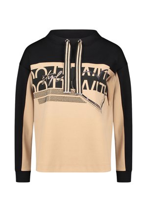 Color-blocket sweatshirt i beige og sort med høj hals, snørejustering og grafiske printdetaljer. Glat tekstur.