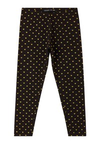 Czarne legginsy z wzorem złotych serc na całej powierzchni, wykonane z miękkiego, elastycznego materiału. Posiadają elastyczny pas dla wygody.