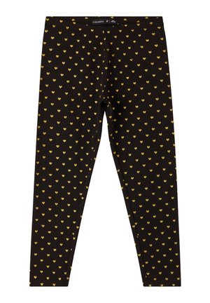 Leggings neri con un motivo a cuori dorate su tutta la superficie, realizzati in un materiale morbido ed elastico. Presentano un elastico in vita per maggiore comfort.