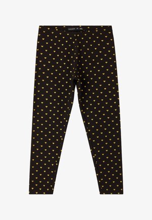Leggings neri con un motivo a cuori dorate su tutta la superficie, realizzati in un materiale morbido ed elastico. Presentano un elastico in vita per maggiore comfort.