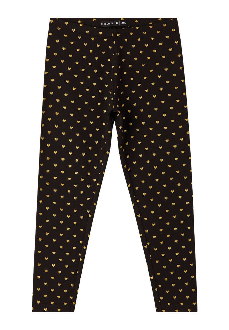 Czarne legginsy z wzorem złotych serc na całej powierzchni, wykonane z miękkiego, elastycznego materiału. Posiadają elastyczny pas dla wygody.