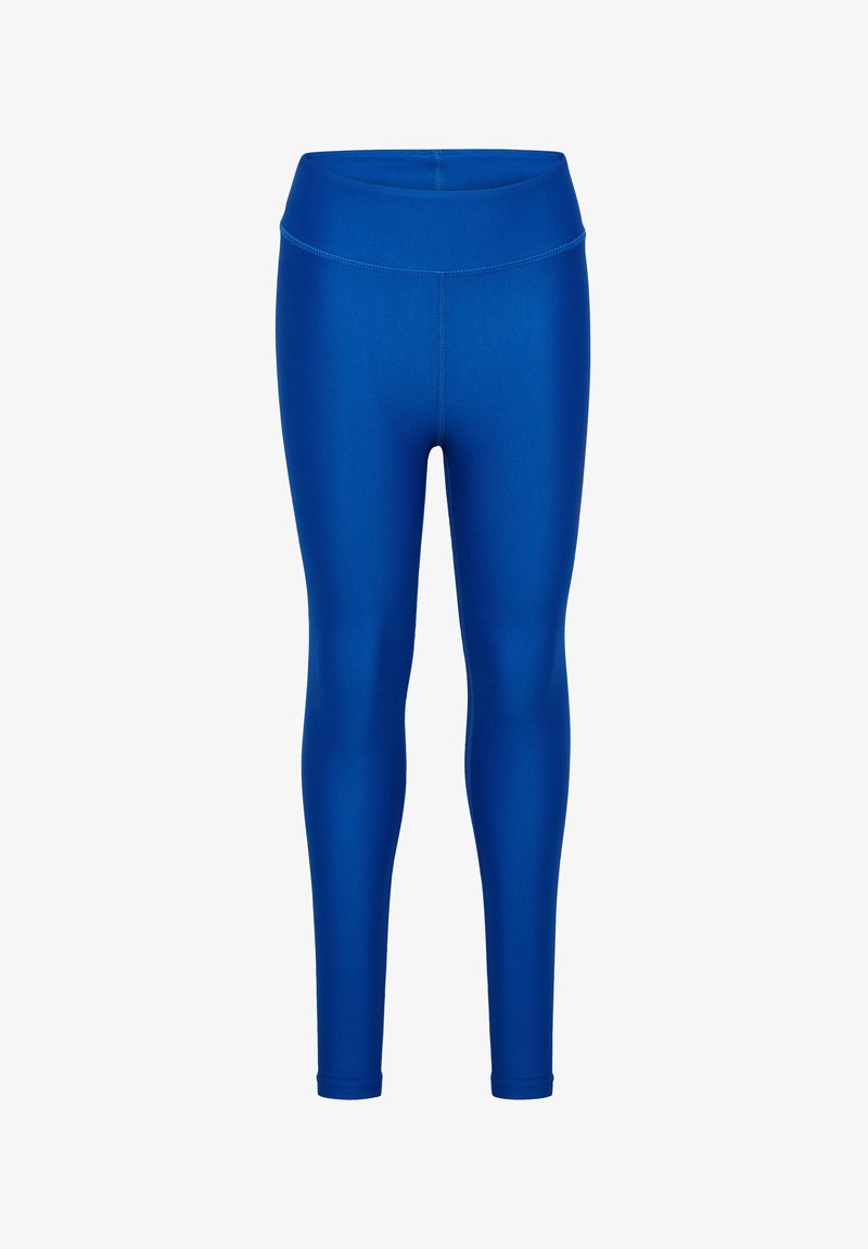 Blauwe leggings gemaakt van een glad, elastisch materiaal. Hoge tailleband en aansluitend ontwerp, zonder zichtbare patronen of accenten.