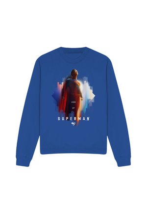 Blue sweatshirt featuring Superman in a flying pose with "Look Up" text and the Superman logo below.