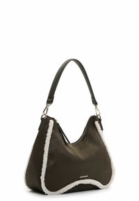 Olive green handbag with a curved shape, featuring white shearling trim along the edges, and a zip closure with a detachable shoulder strap.