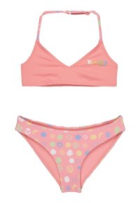 Růžový bikini set s trojúhelníkovým topem s nastavitelnými popruhy a spodním dílem zdobeným barevnými vzory kruhů a ikon.