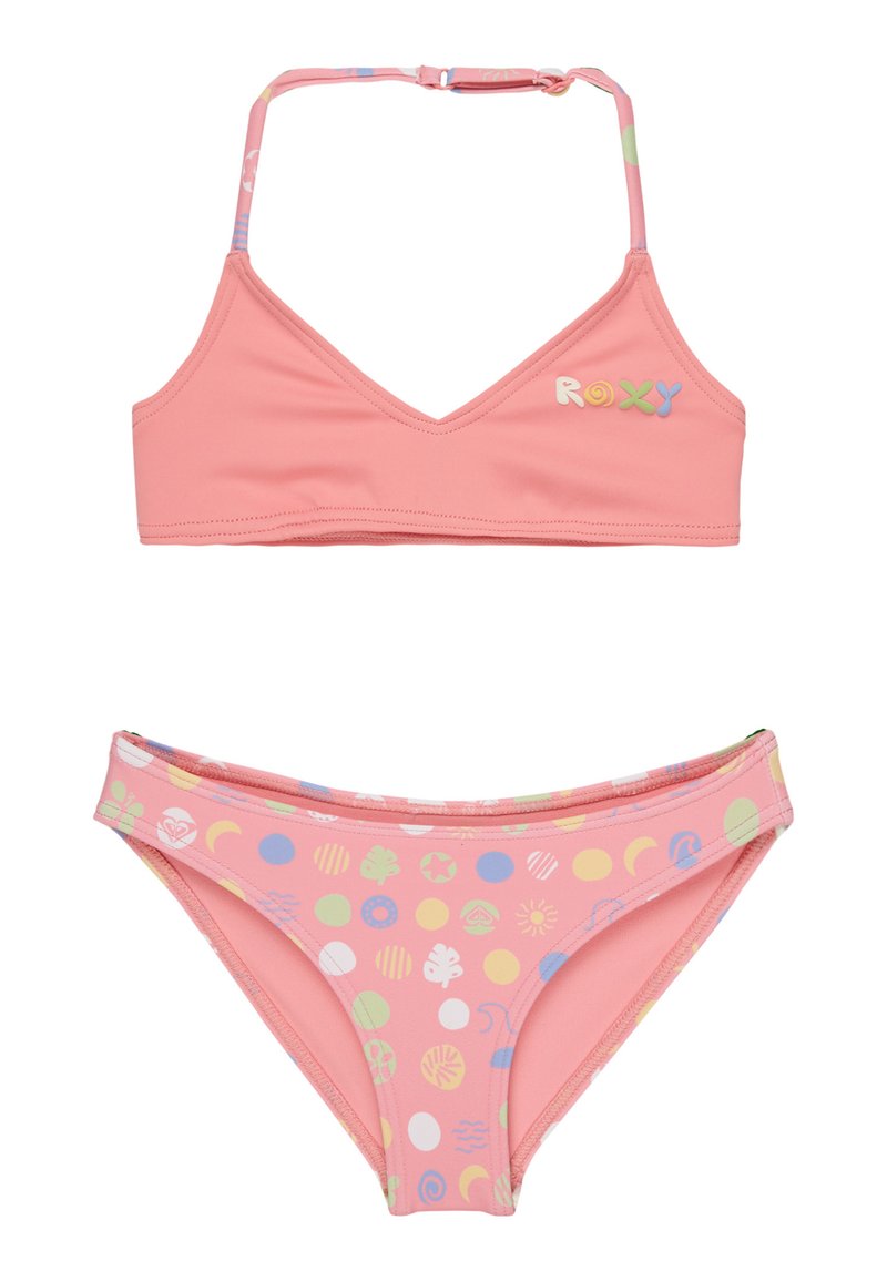 Růžový bikini set s trojúhelníkovým topem s nastavitelnými popruhy a spodním dílem zdobeným barevnými vzory kruhů a ikon.