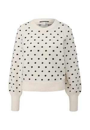 Pull créme avec des pois noirs, col rond, ourlet côtelé et manches bouffantes, fabriqué en tissu texturé doux.