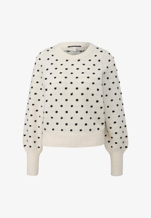 Pull créme avec des pois noirs, col rond, ourlet côtelé et manches bouffantes, fabriqué en tissu texturé doux.