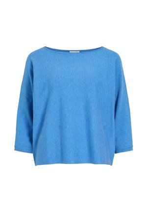 Hellblauer langärmeliger Strickpullover mit weitem Rundhalsausschnitt und lässiger, kastiger Passform.