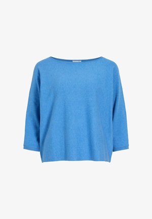 Hellblauer langärmeliger Strickpullover mit weitem Rundhalsausschnitt und lässiger, kastiger Passform.