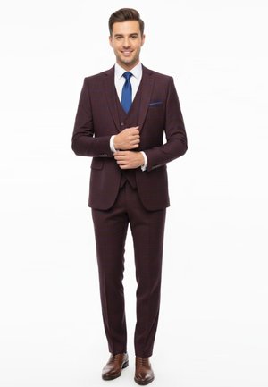 Joven sonriente, vestido con un traje de tres piezas a cuadros oscuro, con una corbata azul, camisa blanca y zapatos de cuero marrón, de pie frente a un fondo blanco.