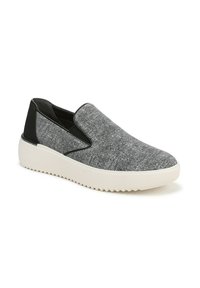Slip-on sneaker featuring a gray textured upper, black accents on sides, and a white rubber sole with a zigzag pattern for grip.