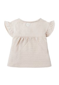 Helles beigefarbenes Kurzarmoberteil mit Rüschenärmeln, strukturiertem Karo-Muster und geraffter Taille. Verfügt über ein kleines Etikett am Ausschnitt.