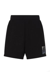 Pantaloni corti neri in cotone con una vestibilità rilassata, dotati di una vita elastica, tasche laterali e un dettaglio del logo riflettente sul davanti in basso.