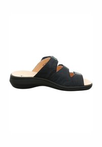 Zwarte leren slide-sandalen met drie uitsnijdingen, een lichtbeige binnenzool en een gegoten zwarte zool. Heeft een gestructureerd oppervlak.