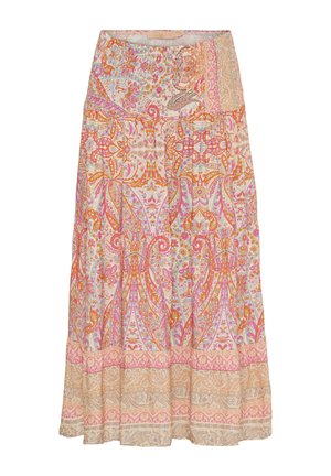 Trykt lang nederdel i letvægtsstof med blomstermønstre og paisley-mønstre i pink, orange og beige. Flydende A-linje silhuet og bred kant.