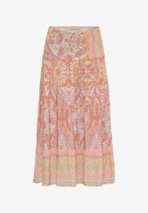 Trykt lang nederdel i letvægtsstof med blomstermønstre og paisley-mønstre i pink, orange og beige. Flydende A-linje silhuet og bred kant.
