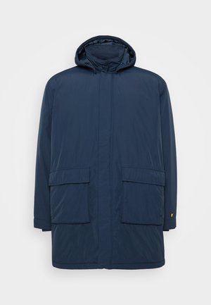 Mornarsko modra vodoodporna jakna s kapuco, s sprednjim gumbom, dvema velikima žepoma in majhnim logotipom na rokavu.