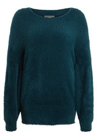 Teal fluffig tröja gjord av mjukt, strukturerat material, med en bred rundad halsringning och långa ärmar, i en avslappnad passform.