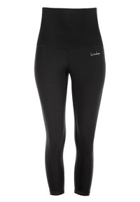 Svarta högmidjade leggings i Stretchig tyg, med en slät yta och en liten vit logotyp på vänster höft.