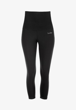 Schwarze hochgeschnittene Leggings aus dehnbarem Stoff, mit einer glatten Textur und einem kleinen weißen Logo auf der linken Hüfte.