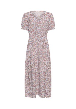 Light blue midi dress with multicolored small floral print, V-neck, short puff sleeves, and gathered waist.