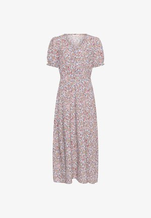 Light blue midi dress with multicolored small floral print, V-neck, short puff sleeves, and gathered waist.