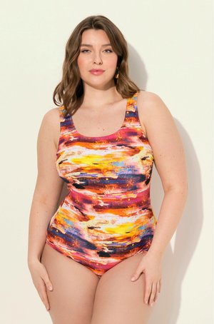 Multikleur badpak met abstracte patronen, met levendige tinten oranje, roze en blauw. Gemaakt van rekbare stof met brede bandjes.