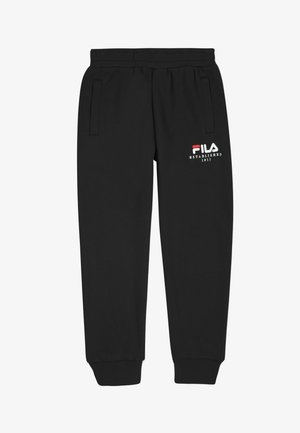 Pantalones deportivos negros de tela suave, con cintura elástica, bolsillos laterales y un logo impreso "FILAA ESTABLISHED 1911" en blanco.