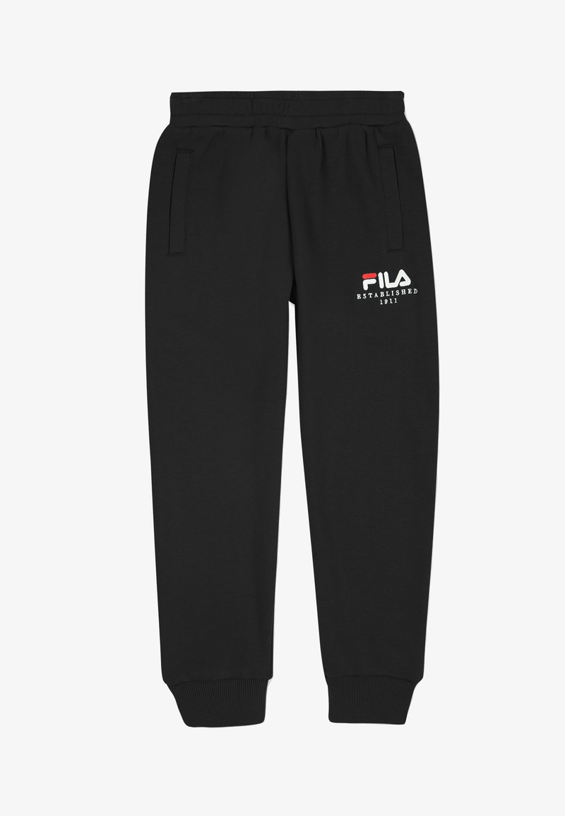 Pantalones deportivos negros de tela suave, con cintura elástica, bolsillos laterales y un logo impreso "FILAA ESTABLISHED 1911" en blanco.