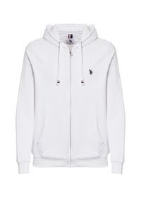 Felpa bianca con zip, realizzata in tessuto morbido, dotata di tasca a canguro, cappuccio con cordini e un piccolo logo sul petto. Design semplice.