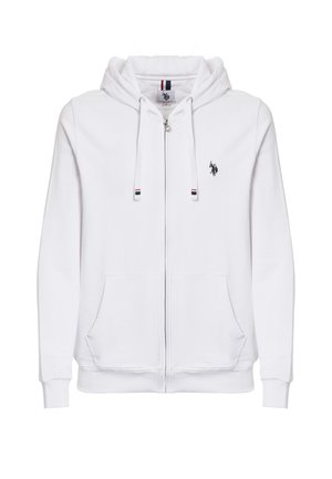 Felpa bianca con zip, realizzata in tessuto morbido, dotata di tasca a canguro, cappuccio con cordini e un piccolo logo sul petto. Design semplice.