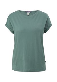 T-shirt pour femmes à manches courtes, bord de manche retroussé, de couleur vert sauge, avec col rond et étiquette à l'intérieur du col, sur fond blanc.