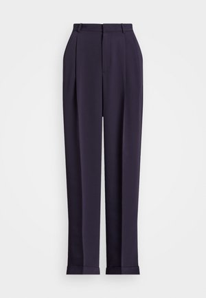 Marineblaue maßgeschneiderte Hose mit hoher Taille, gefalteter Vorderseite und umgeschlagenem Saum. Hergestellt aus einem glatten Stoff mit glänzendem Finish.