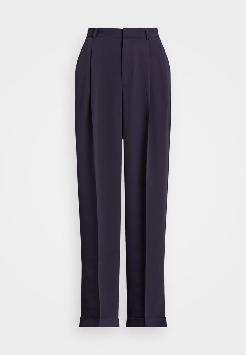 Pantalones ajustados azul marino de tiro alto, con pliegues en la parte frontal y dobladillos. Fabricados con un tejido suave y acabado pulido.
