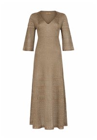 Langes, geripptes V-Ausschnitt-Kleid in einem sanften Beigeton, mit Dreiviertel-Ärmeln und strukturierten Mustern Richtung Saum.