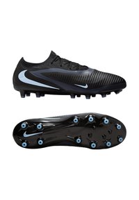Black and dark blue Nike soccer cleats with light blue accents, laces, and multiple blue studded spikes on the sole for turf traction.