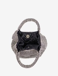 Torebka zdobiona kryształkami, z czarną satynową podszewką, o zaokrąglonym kształcie, z dwoma uchwytami i magnetycznym zapięciem u góry.