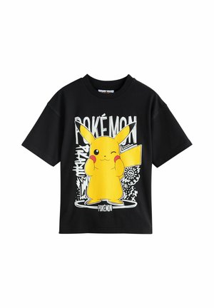 Black T-shirt featuring a large winking Pikachu with red cheeks and white "POKÉMON" text and graphic accents.