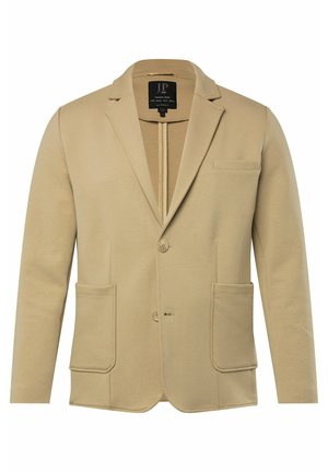 Beige Blazer aus weichem Stoff, mit Reverskragen, zwei Fronttaschen und einem einzelnen Knopfverschluss. Minimalistisches Design mit klaren Linien.