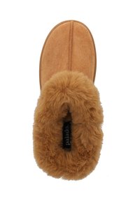 Brun tøffel med en blød faux fur kant og en glat overdel. Har en rund tå og synlige detaljer langs sømmen. Mærket "palado."